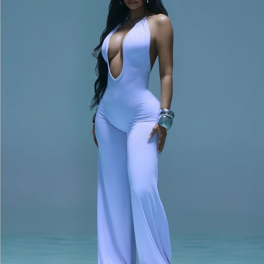 Fashion Nova Light Blue Plunge Halter Wide-Leg Jumpsuit